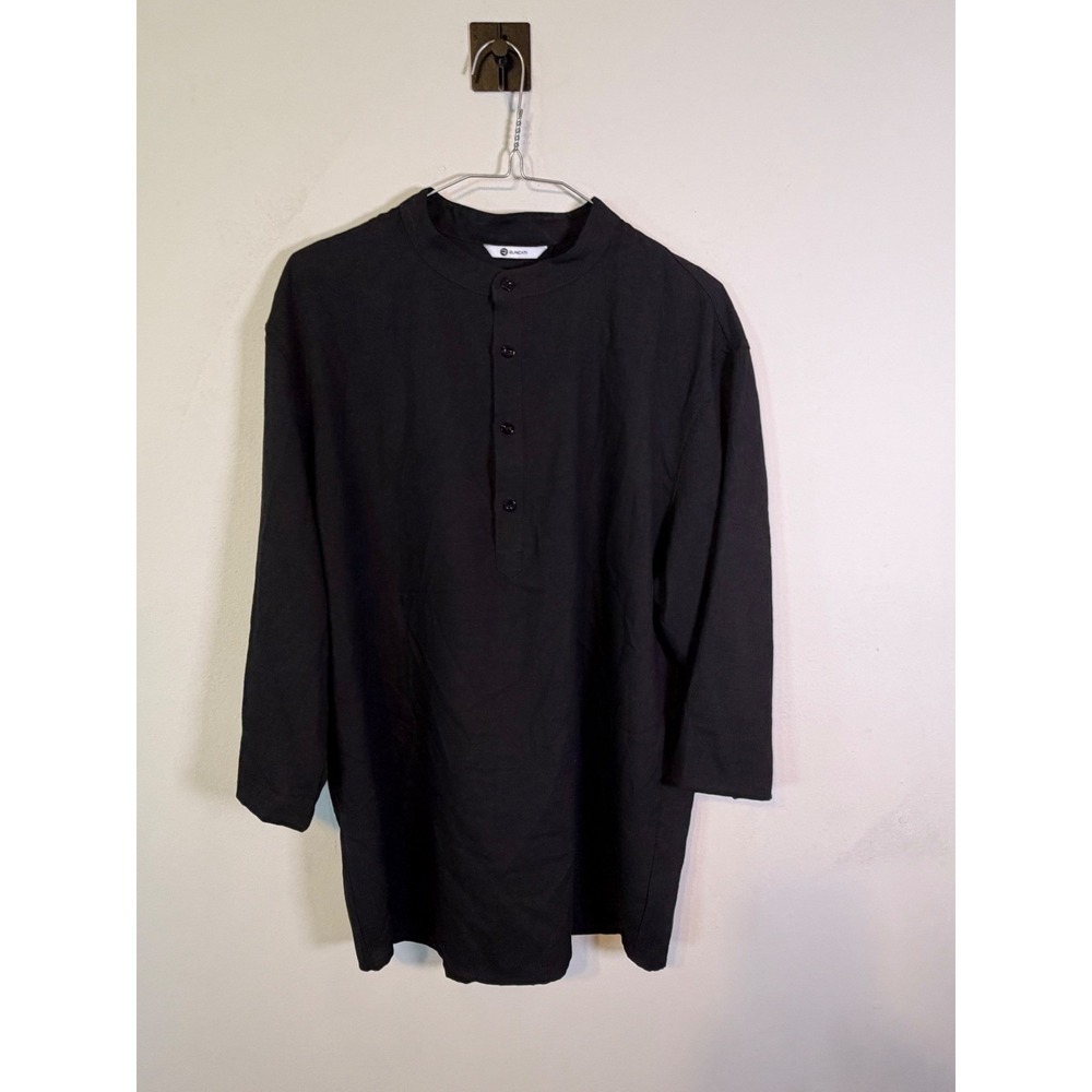 Runcati Men Henley Shirt Band Collar Solid Black Large